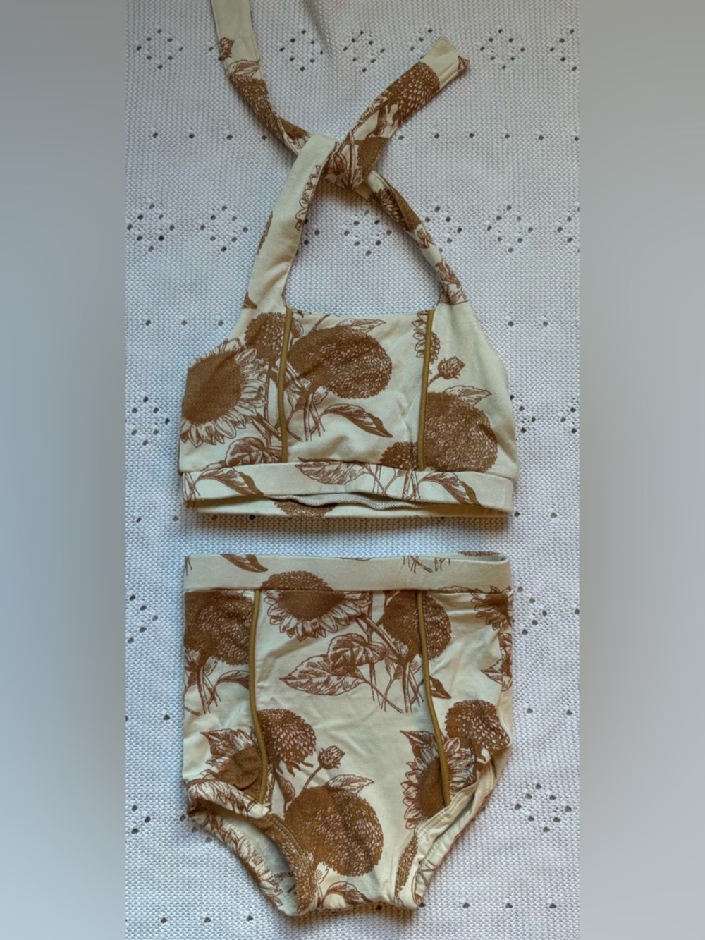 kate quinn Brown Sunflower Print Two-Piece Swim Set on Cream